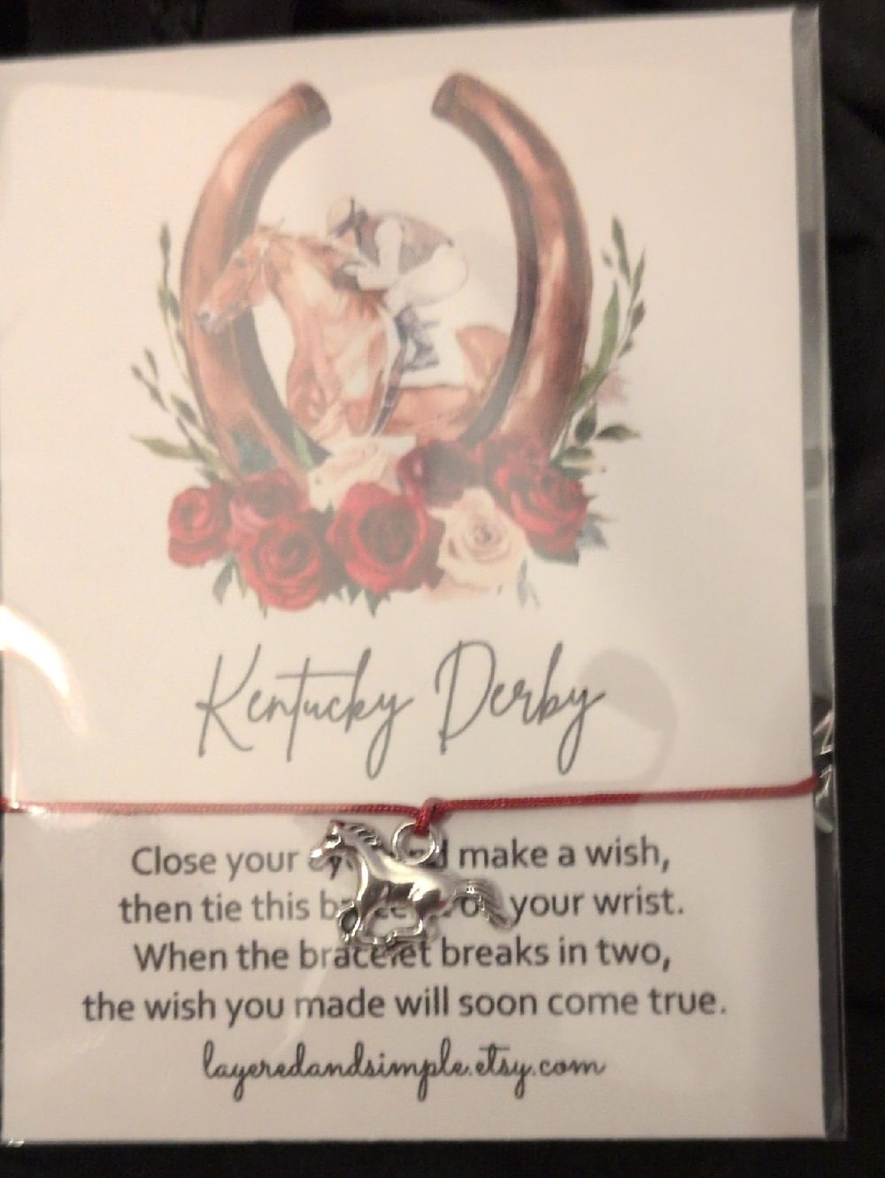 Kentucky Derby Red String Bracelet with Silver Horse Charm